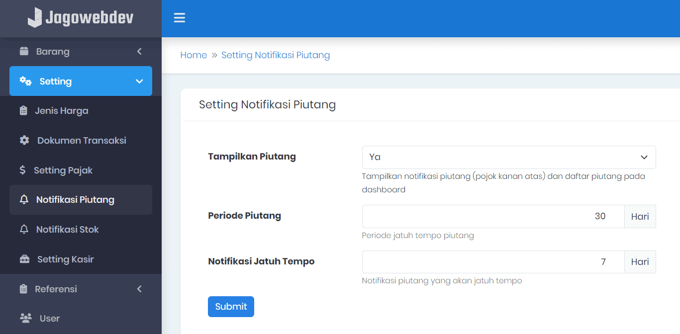 Halaman Pengaturan Notifikasi Piutang